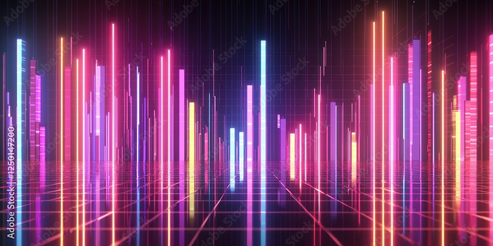 Vibrant 3D candlestick graph with glowing neon accents, Vibrant 3D candlestick graph with glowing neon accents,
