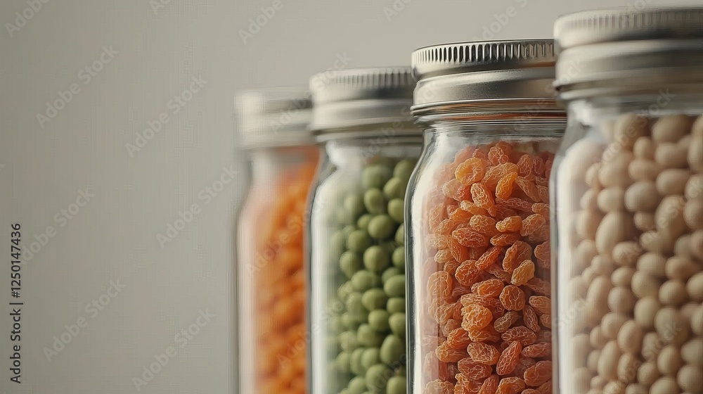 Colorful jars filled with dried fruits and legumes showcase healthy eating and sustainable food storage options. Colorful jars filled with dried fruits and legumes showcase healthy eating and sustainable food storage options.