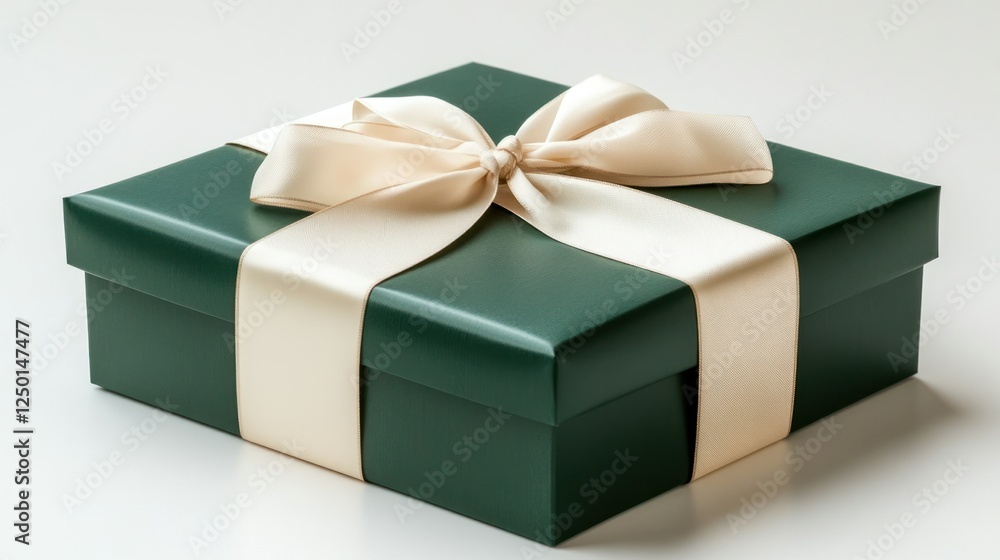 Fototapeta premium Green gift box, cream ribbon, studio backdrop, present