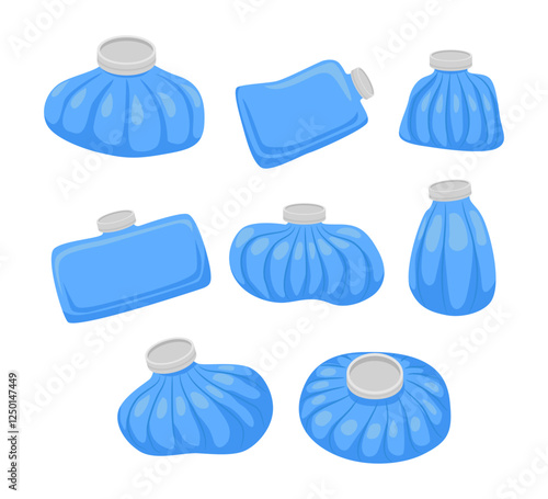 Set of ice pack collection cartoon, Ice pack cold compress or gel pack for first aid injury, ice bag cartoon, treat injury knee ankle sprain pain heal sore Cold pack, pouch illustration.
