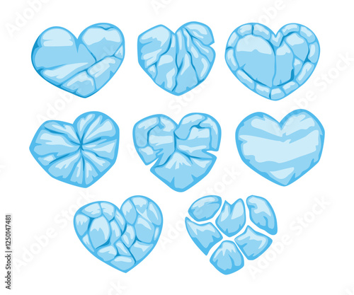 Set of blue broken ice heart collection cartoon, cold frozen heart, frozen ice fragments in shape of heart, anti Valentine's day conception. Frozen ice fragments in shape of heart, break up concept. photo