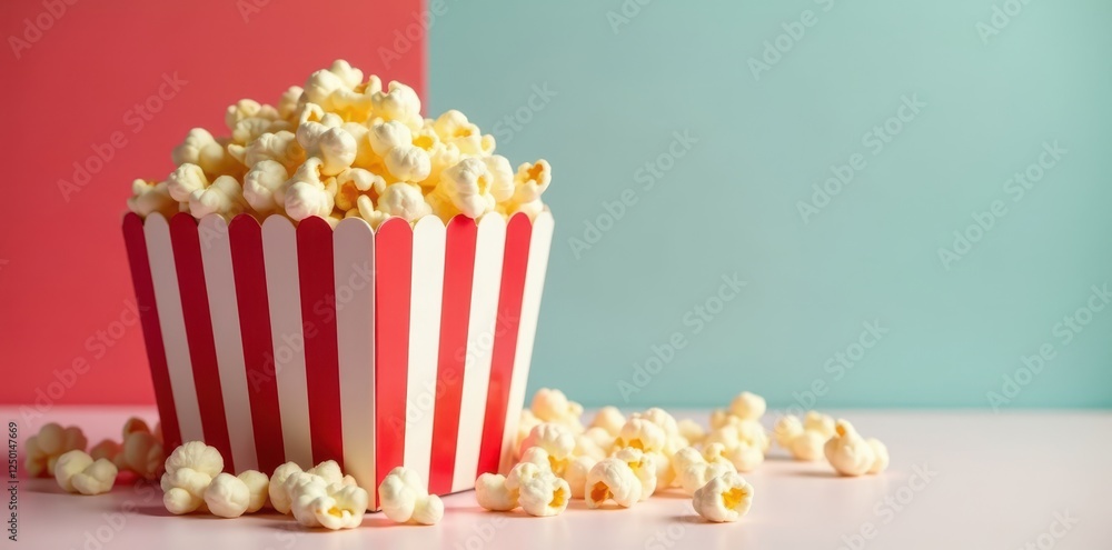 Red and white striped box overflowing with popcorn kernels, treat, delicious, striped box