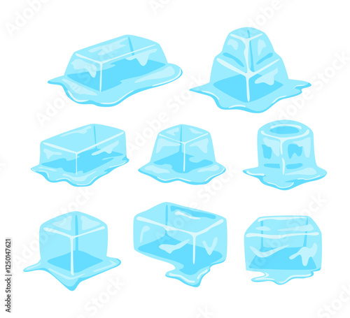 Set of Melting ice cubes collection. Frozen aqua melt cubes in water puddle, Cartoon isolated blue cold crystal blocks lying in clear liquid ripples, pile of frozen piece, vector illustration.