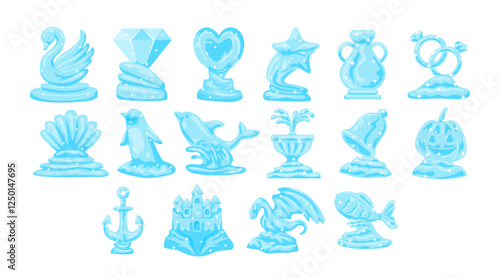 Set of ice sculpture collection icon cartoon, glass blue statues of swan, diamond, heart, star, vase, rings, penguin, bell, shell, anchor, castle, dragon and fish. Isolated on white background.