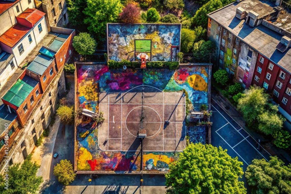 Bronx Backyard Basketball Court Graffiti Drone Aerial Photo Bronx Backyard Basketball Court Graffiti Drone Aerial Photo