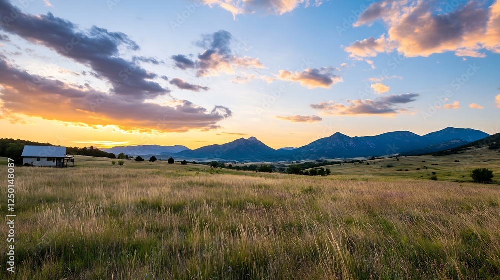 Obraz premium Serene Sunset Over Rolling Hills and Vibrant Fields in Rural Landscape : Generative AI