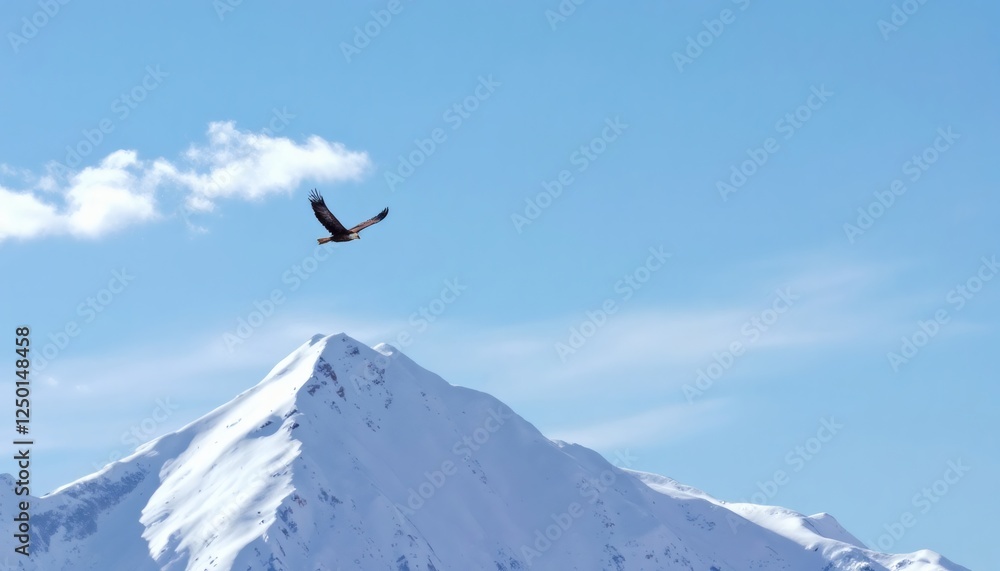 Fototapeta premium Majestic Eagle Soaring Over Snow-Capped Mountain Peak Under Blue Sky