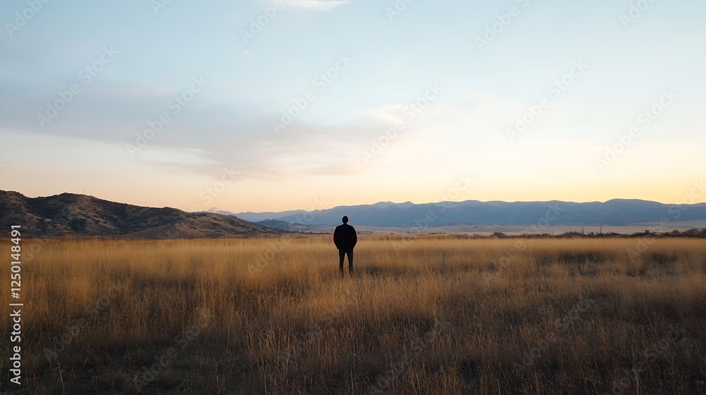 Serene Landscape of a Man Standing Alone in an Open Field at Dusk : Generative AI Serene Landscape of a Man Standing Alone in an Open Field at Dusk : Generative AI