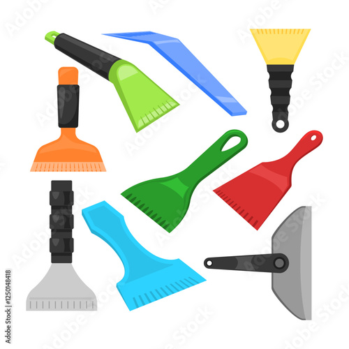 Set of ice scraper collection cartoon, ice scraper different shapes and sizes for removing ice from a windshield on a car in winter, isolated on white background, flat vector illustration.