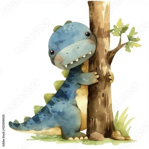 A cute, cartoon dinosaur playfully hugs a tree, showcasing a whimsical design with soft colors and a friendly expression.