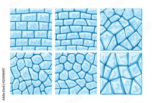 Set of ice wall collection, blue ice brick seamless pattern cartoon square, Cartoon game texture, ice surface seamless pattern. Game asset walls and environment background, perfect for social media.