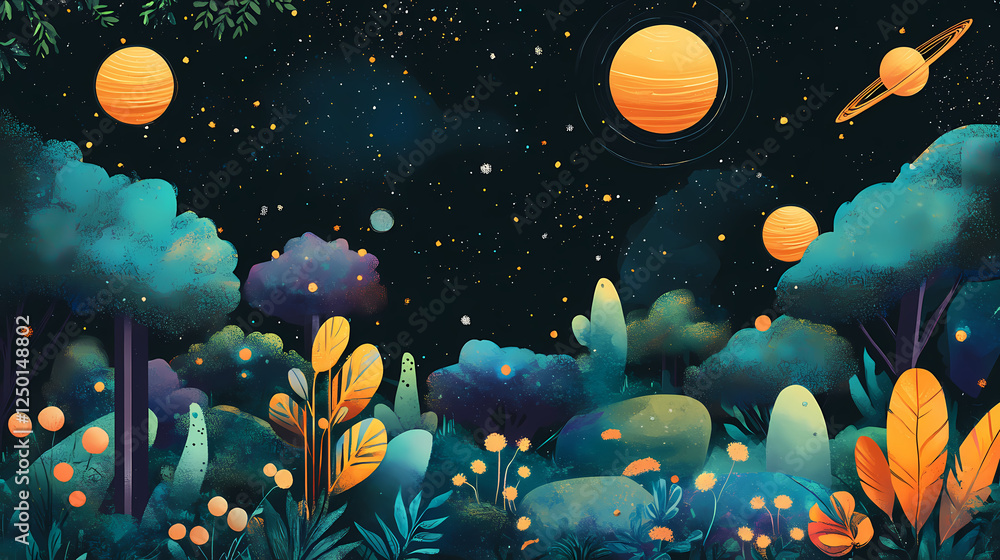Retro celestial cosmic observatory skybox hanging gardens background. Celestial Gardens. Illustration Retro celestial cosmic observatory skybox hanging gardens background. Celestial Gardens. Illustration