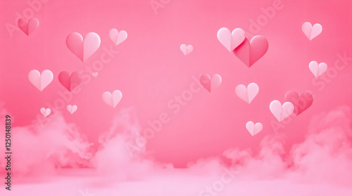 Stylized Illustration of Paper Pink Hearts in Electric Pink Fog with Border and Copy Space – Valentine’s Theme