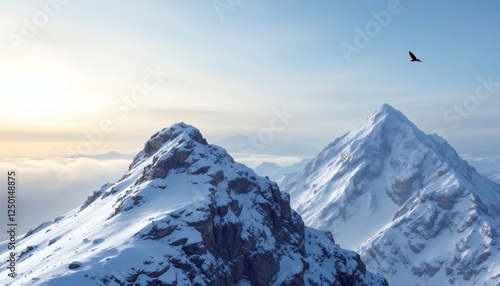 Majestic Eagle Soaring Over Snow-Capped Mountain Peaks at Dawn