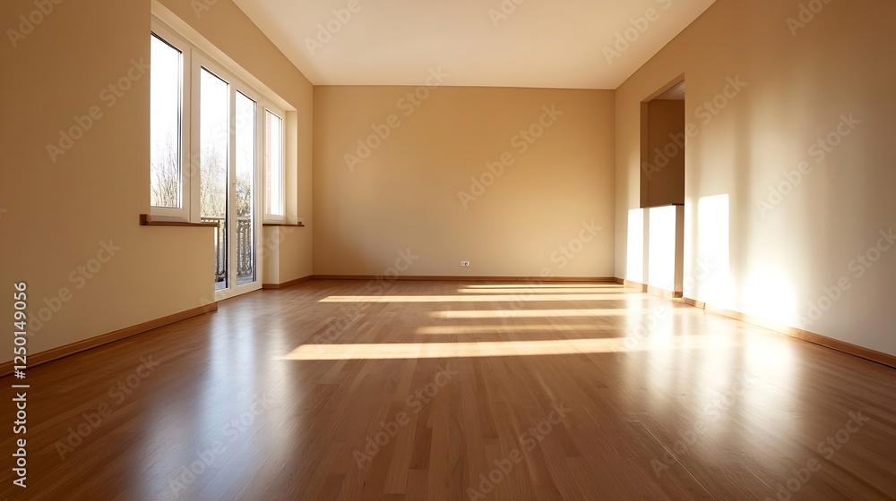 Empty Living Room with Warm Sunlight Casting Shadows on Wooden Floor : Generative AI Empty Living Room with Warm Sunlight Casting Shadows on Wooden Floor : Generative AI