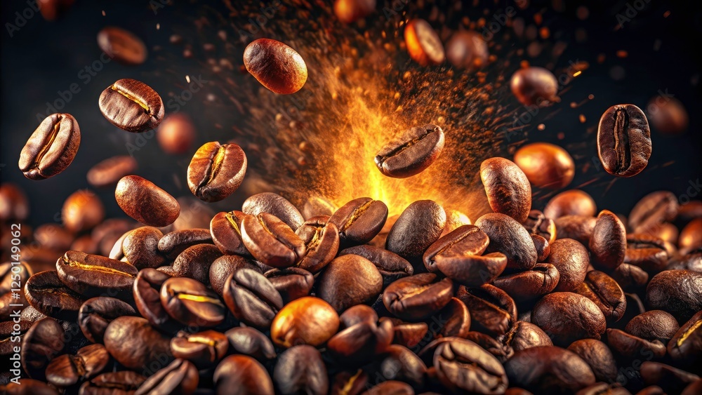 Obraz premium Coffee Bean Explosion Portrait Photography: Aromatic Burst of Roasted Coffee Beans