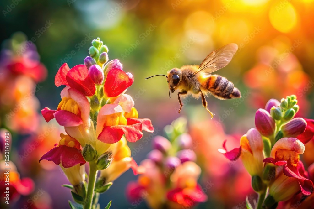 Tilt-shift transforms honeybee and snapdragon into a captivating miniature scene; exquisite close-up nature photography.