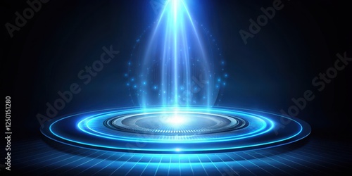 A spotlight shines on a holographic display circle with a blue glow emanating from below, set against a dark background, highlighting futuristic technology , futuristic, spotlight