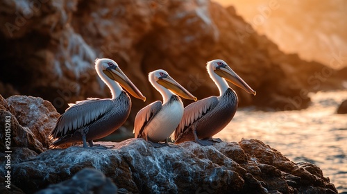 Three pelicans perched on rocks at sunset, ocean background.