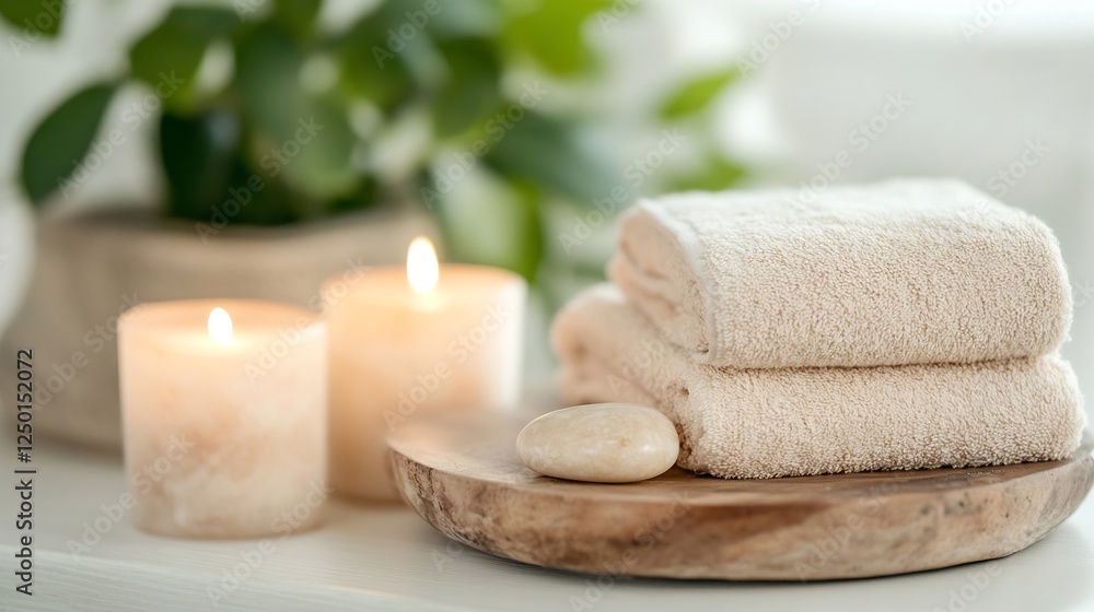Relaxing spa setup with soft towels candles and natural stones for wellness and self-care photography : Generative AI Relaxing spa setup with soft towels candles and natural stones for wellness and self-care photography : Generative AI