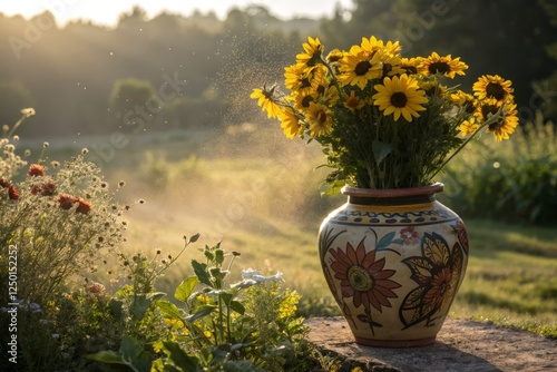 High Depth of Field: Ceramic Vase Blooming Sunflowers – Vibrant Summer Garden Photography