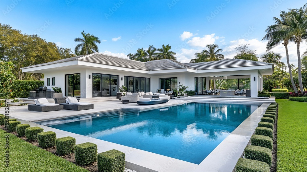 Fototapeta premium Modern luxury home with a large pool, patio furniture, and lush landscaping.