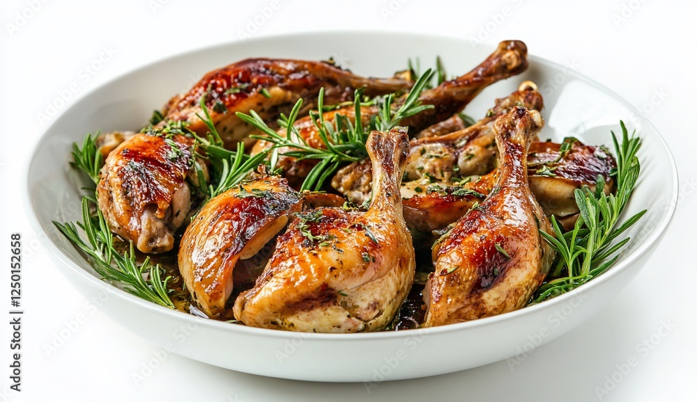 Roasted chicken legs with rosemary sprigs in a white bowl on white background. Roasted chicken legs with rosemary sprigs in a white bowl on white background.