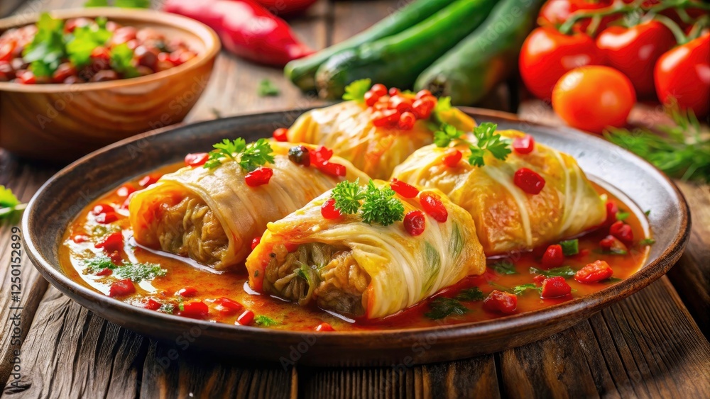 Delicious Stewed Cabbage Rolls with Rice and Meat on a Plate - Comfort Food Delight, Traditional Recipe, Savory Dish, Home Cooking, Hearty Meal, Perfect for Dinner, Gourmet Cuisine Delicious Stewed Cabbage Rolls with Rice and Meat on a Plate - Comfort Food Delight, Traditional Recipe, Savory Dish, Home Cooking, Hearty Meal, Perfect for Dinner, Gourmet Cuisine