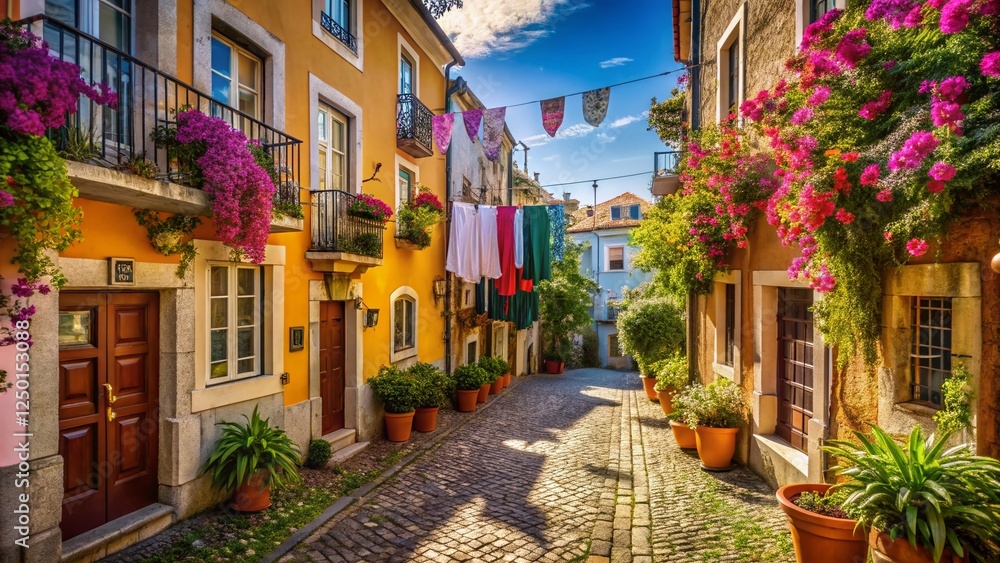 Obraz premium Charming Alfama Lisbon Street: Narrow Cobblestone Lane in Portugal