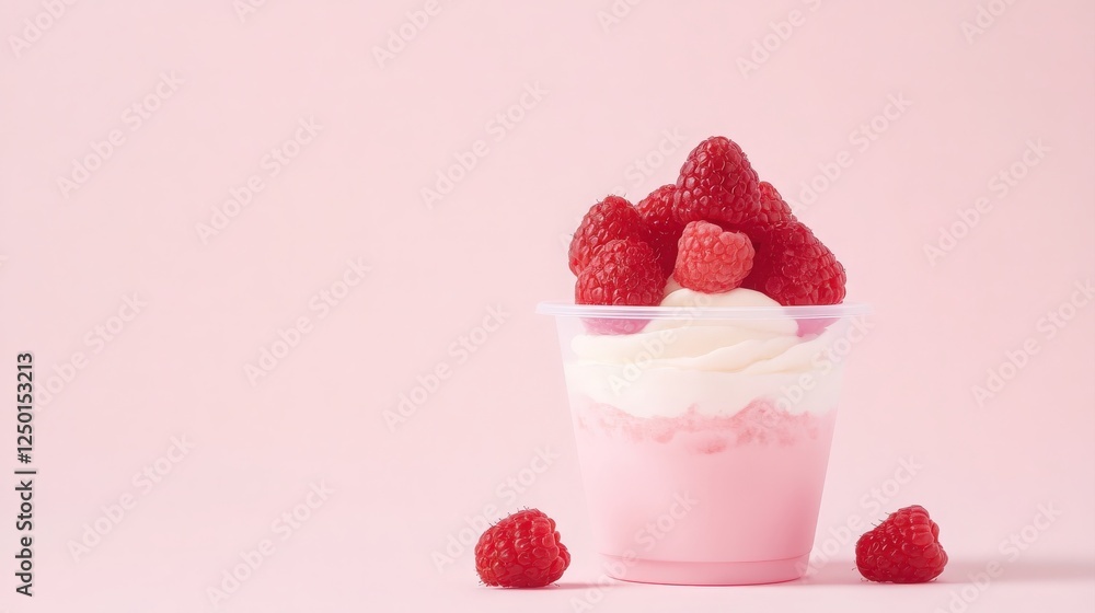 valentine's day food concept. Delicious raspberry dessert in a clear cup on a pastel pink background. valentine's day food concept. Delicious raspberry dessert in a clear cup on a pastel pink background.