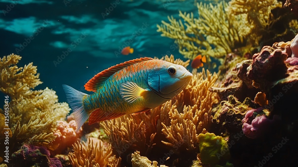 Naklejka premium Colorful Parrotfish Grazing on Vibrant Coral Reef in Underwater Environment