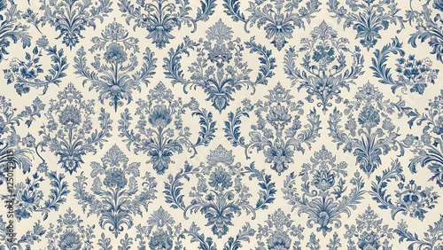 French Toile-inspired Blue Pattern on Light Beige Background Seamless Texture, decorative
