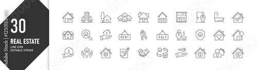 30 Real Estate Line Icons with Editable Stroke for Property Management and Marketing, Icon Set for Housing Services