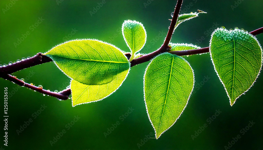morning fresh dew clings to the branches and leaves. dramatic lighting. green blur background with bokeh. close up morning fresh dew clings to the branches and leaves. dramatic lighting. green blur background with bokeh. close up