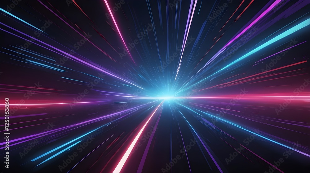Obraz premium An abstract image depicting a sense of speed and movement with converging lines of light in various colors (pink, blue, purple) creating a tunnel-like effect against a dark background.