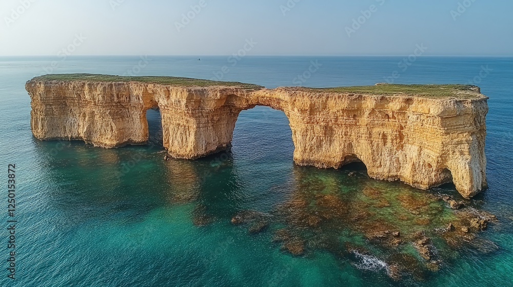 Stunning aerial view of a natural rock formation with arches surrounded by clear turquoise waters Stunning aerial view of a natural rock formation with arches surrounded by clear turquoise waters
