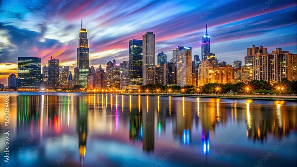 Fototapeta premium Chicago Skyline Long Exposure Night Photography - Illinois Cityscape