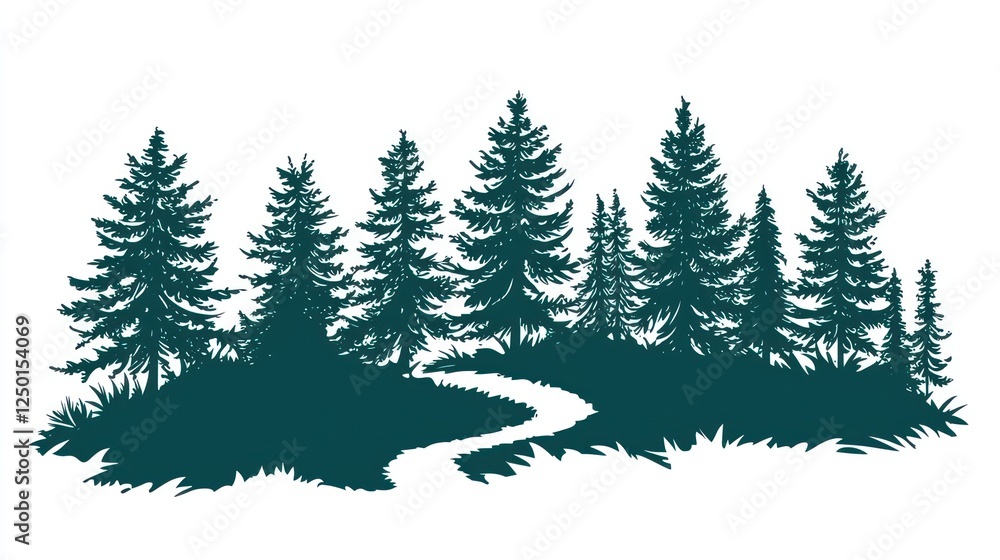 Fototapeta premium Serene Forest Path: A Teal Silhouette of Evergreens and Winding Trail