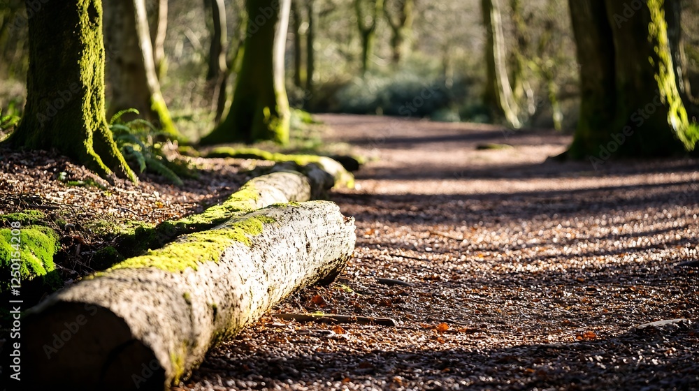 Fototapeta premium Serene Forest Path Featuring Moss Covered Log in Sunlight : Generative AI