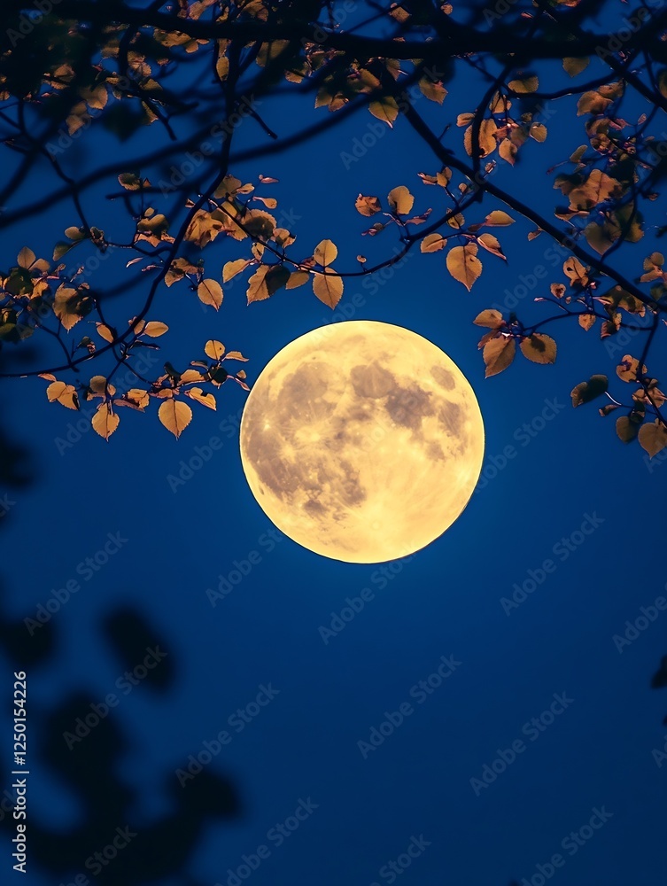 Naklejka premium Full Moon Glowing Above Tree Branches Against a Dark Blue Night Sky : Generative AI