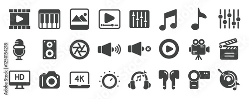 Media player glyph solid icons collection. Containing content video, audio, multimedia, music, entertainment. Minimal icon and symbol series vector illustration