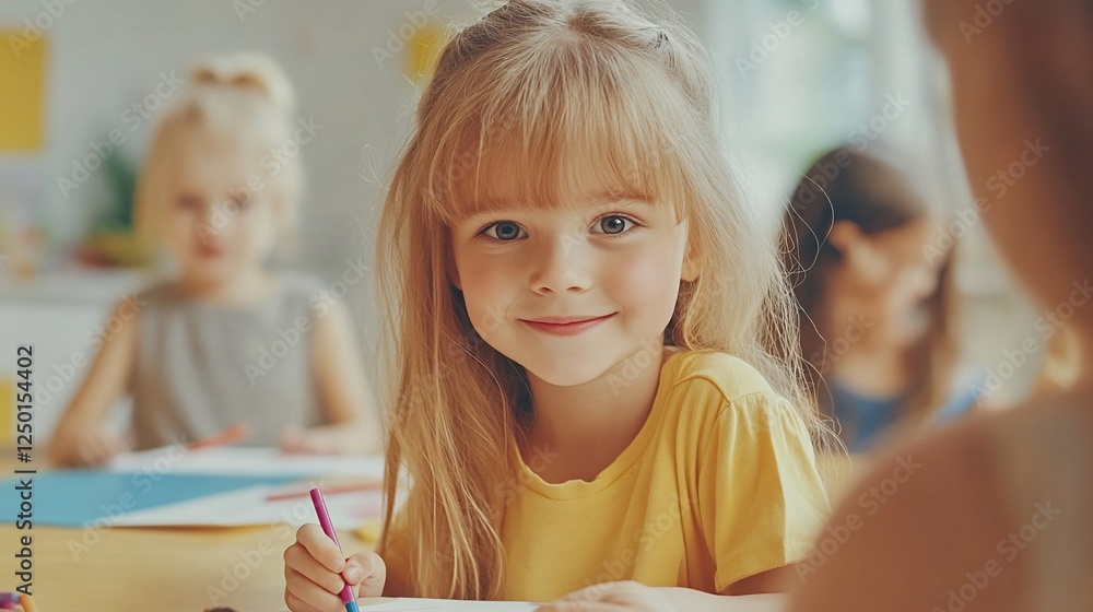 Fototapeta premium Happy preschool girl drawing at table with classmates in background.