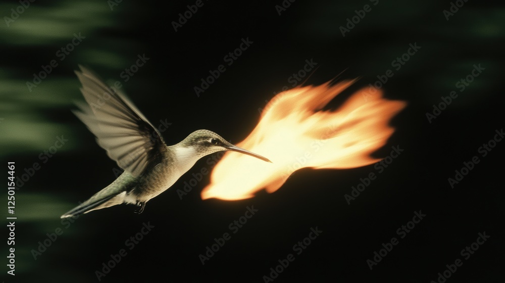 A hummingbird flying with flames emerging from its beak. A hummingbird flying with flames emerging from its beak.
