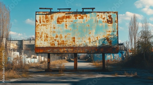 Rusty, blank billboard in a deserted industrial area.