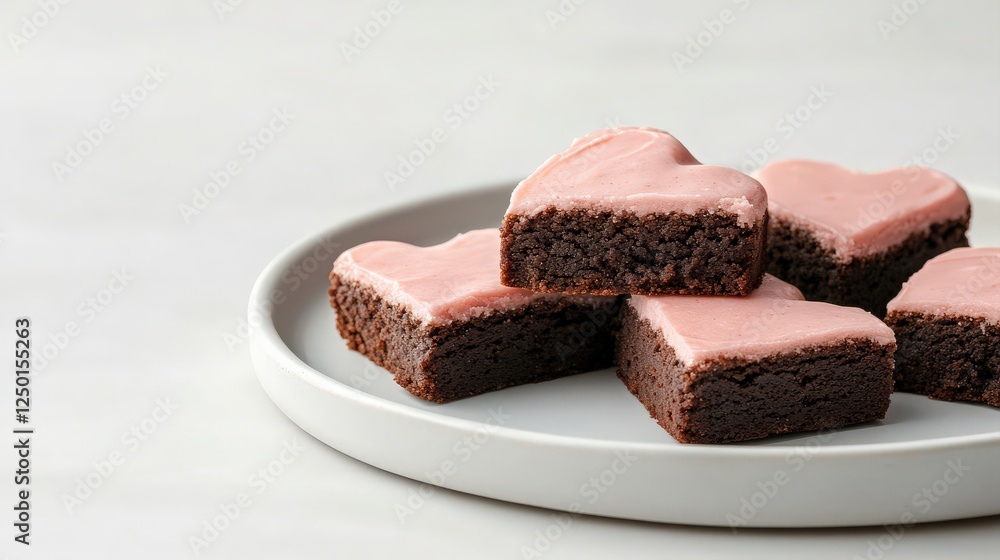 valentine's day food concept. Heart-shaped brownies with pink frosting on a plate. valentine's day food concept. Heart-shaped brownies with pink frosting on a plate.