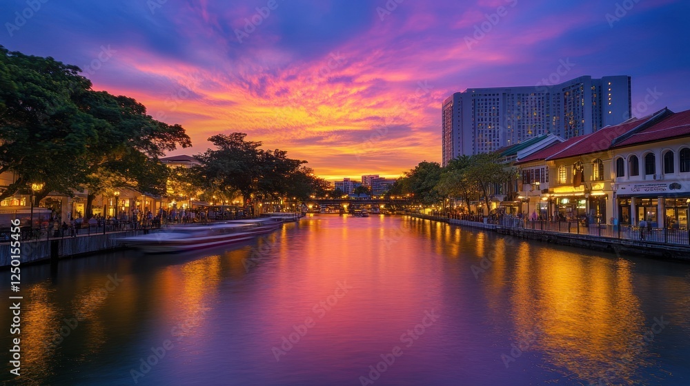 A vibrant sunset over a tranquil river, reflecting colorful skies and urban life.