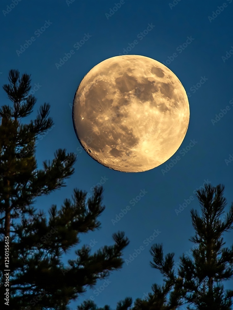 Fototapeta premium Majestic full moon rises above tall trees creating enchanting night sky scene with vibrant colors : Generative AI