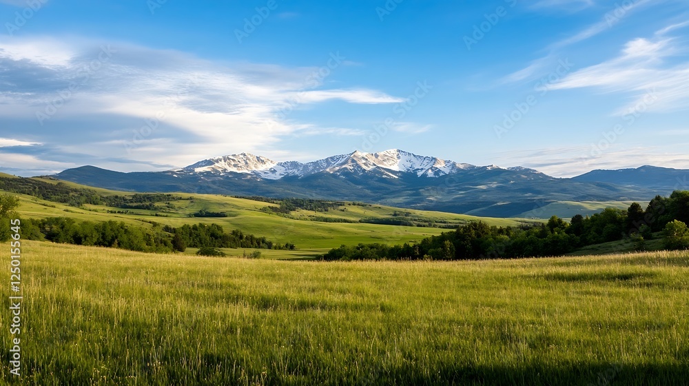 Fototapeta premium Breathtaking mountain landscape showcases snow capped peaks and lush green hills under a bright sky : Generative AI