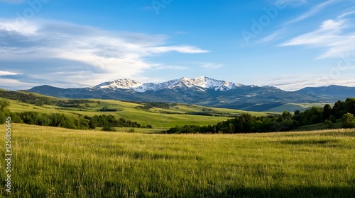 Breathtaking mountain landscape showcases snow capped peaks and lush green hills under a bright sky : Generative AI photo