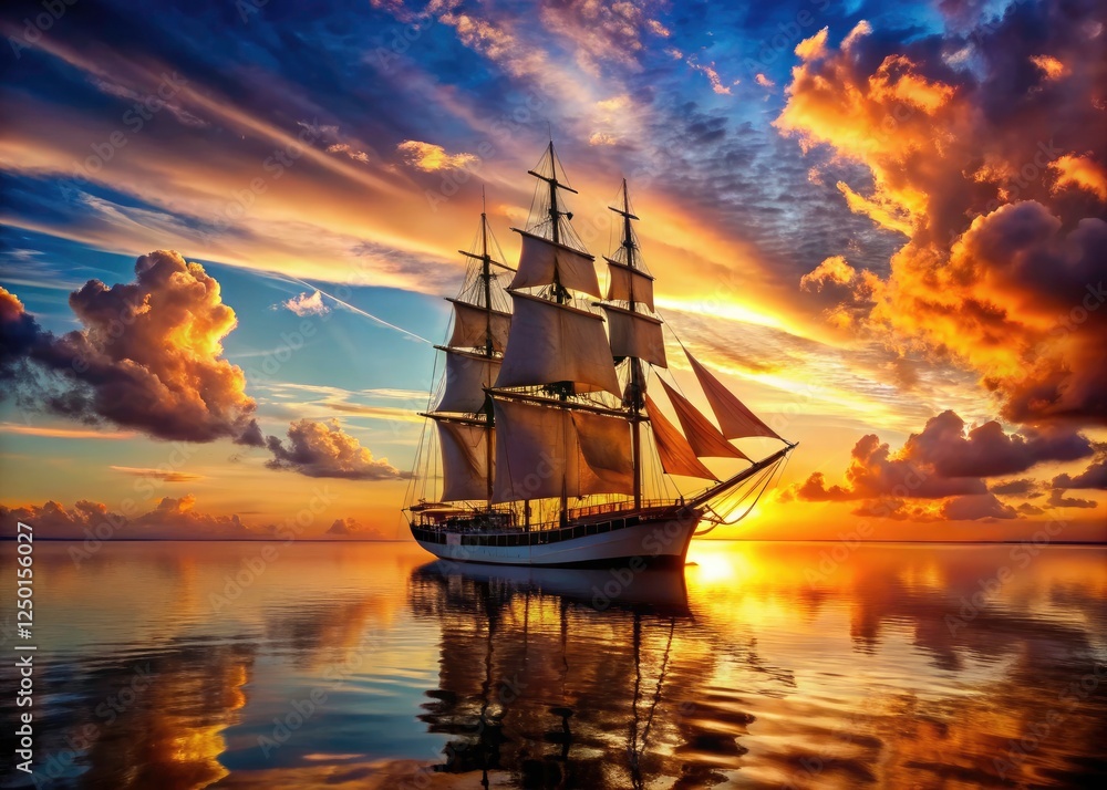 Fototapeta premium Tranquil ocean, golden sunset paints a sailing ship's majestic silhouette.